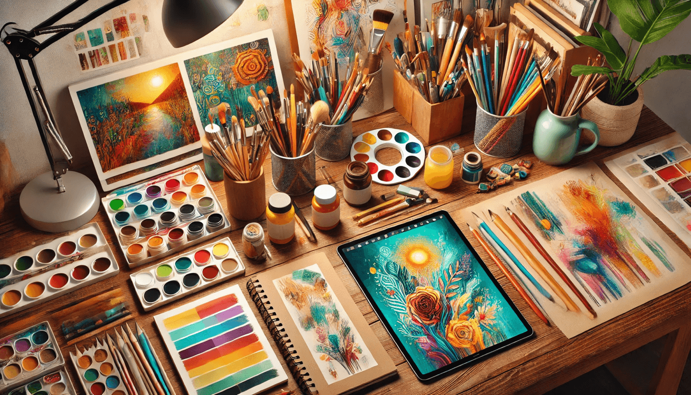 a table with art supplies and a tablet