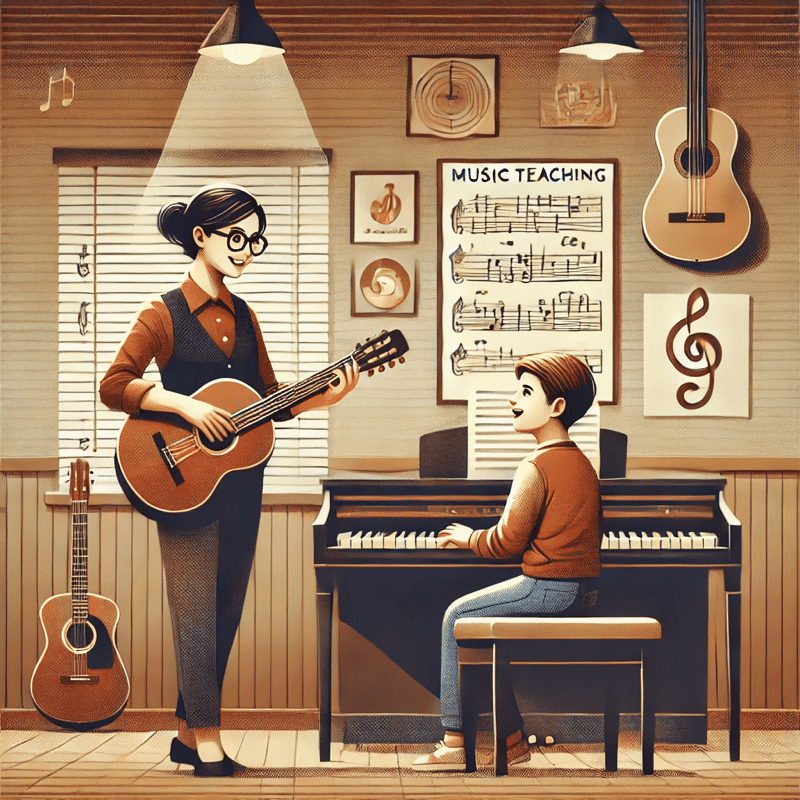 a woman playing guitar and a boy sitting at a piano