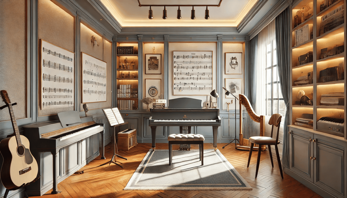 a room with a piano and music notes