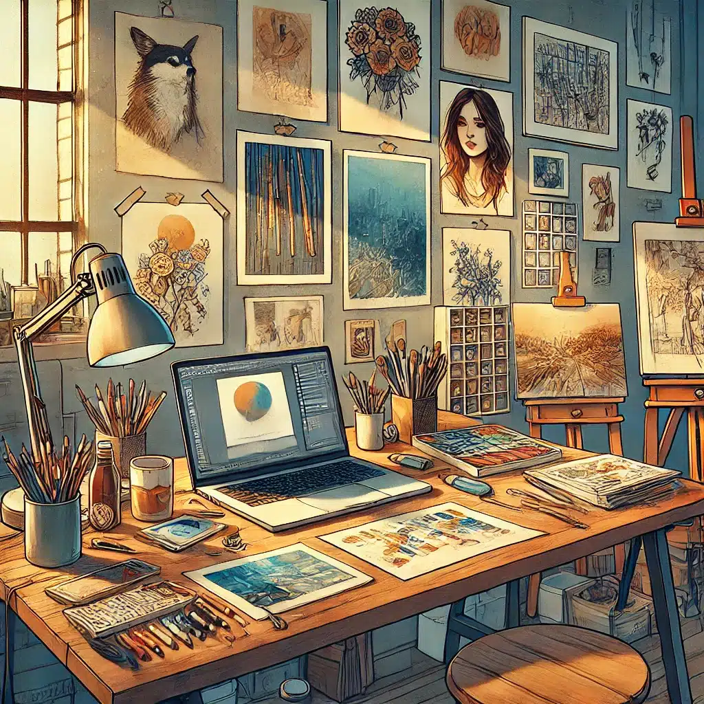 a art studio with a laptop and art supplies