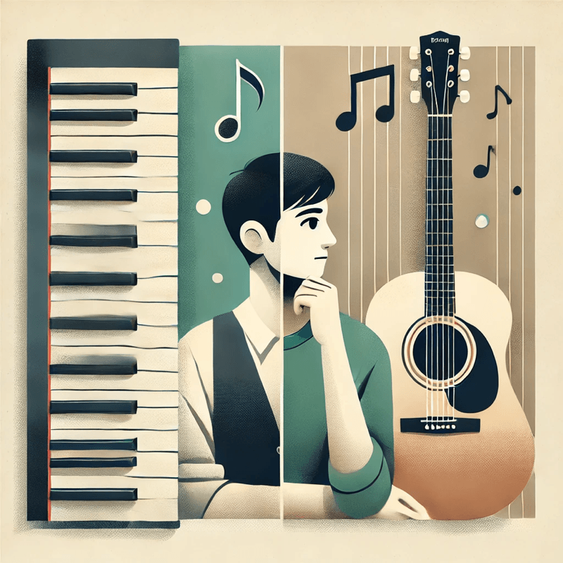 Student choosing between piano and guitar lessons at Muzart Music School