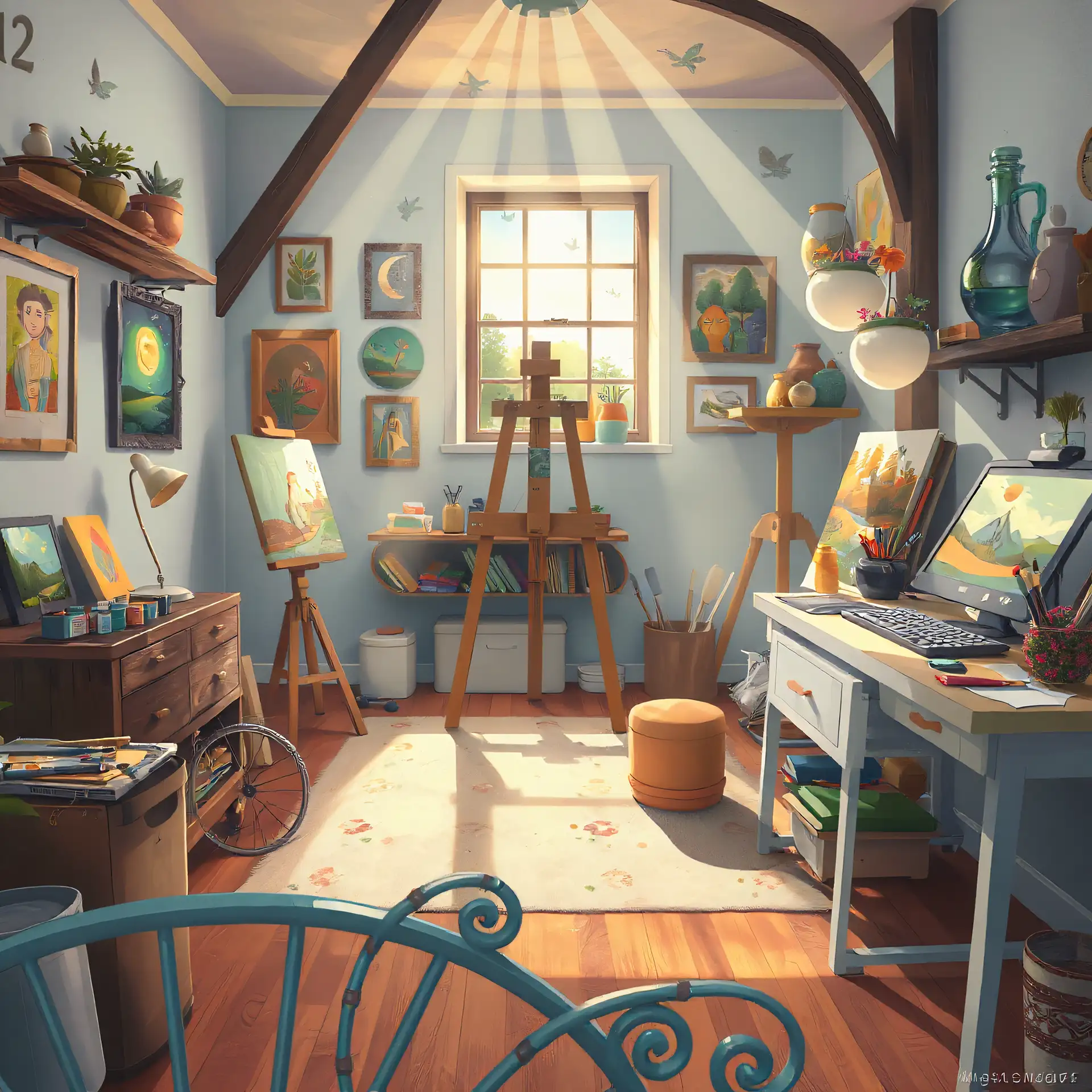 Organized art studio at Muzart Etobicoke showcases inviting easel space, thoughtfully arranged supplies, and displayed artwork in warm natural lighting