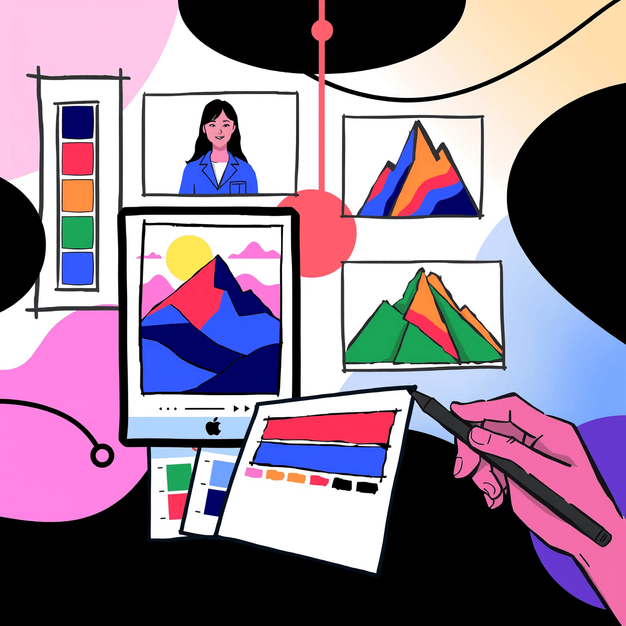 Artistic visualization of digital art portfolio with stylized artwork displays and flowing design elements