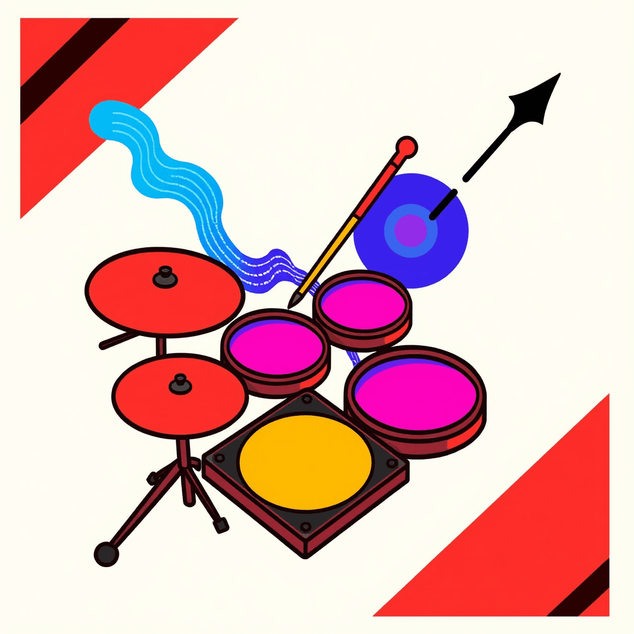 Vibrant artistic illustration of drum practice pads with colorful sound wave patterns