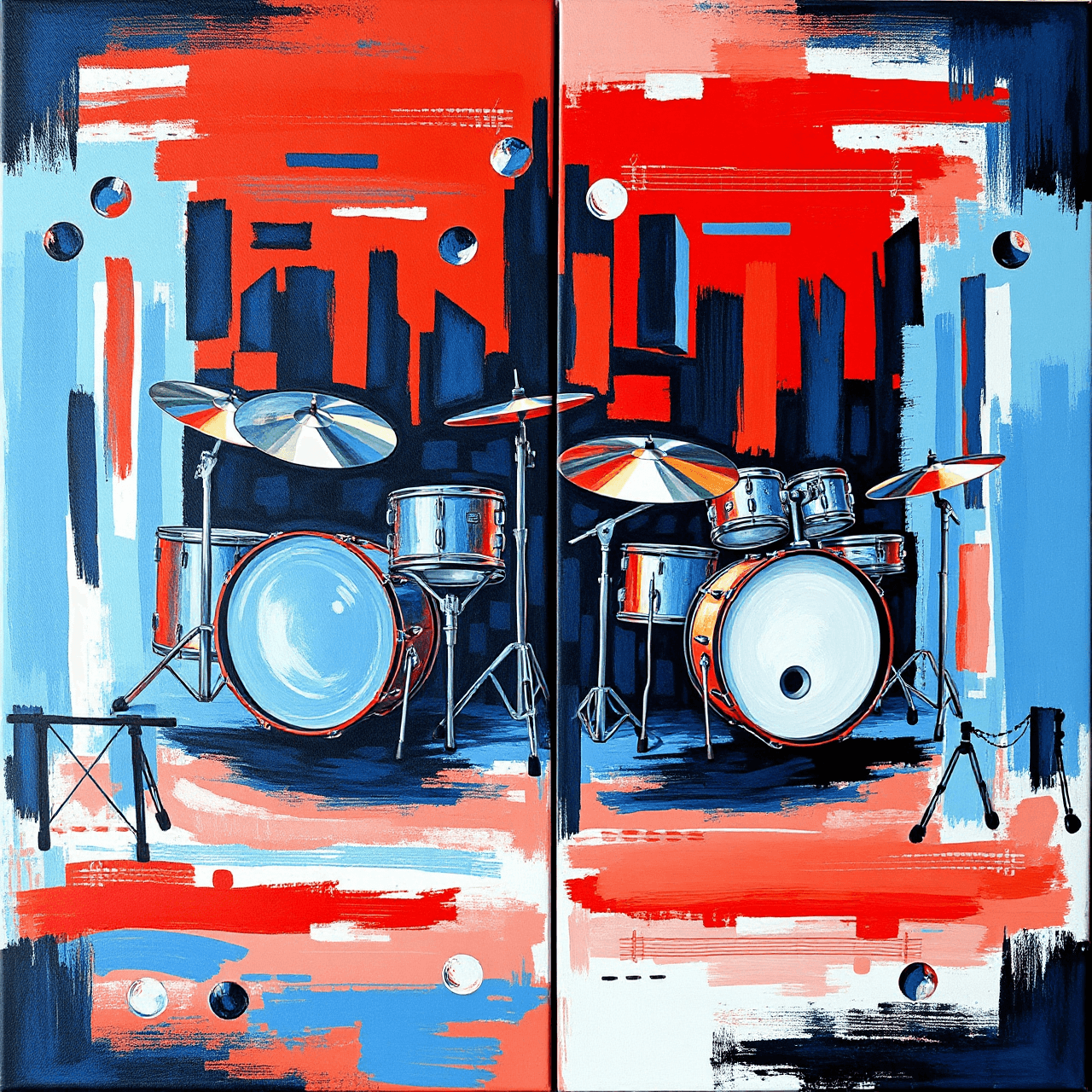 Colorful artistic comparison of electronic and acoustic drums for beginners