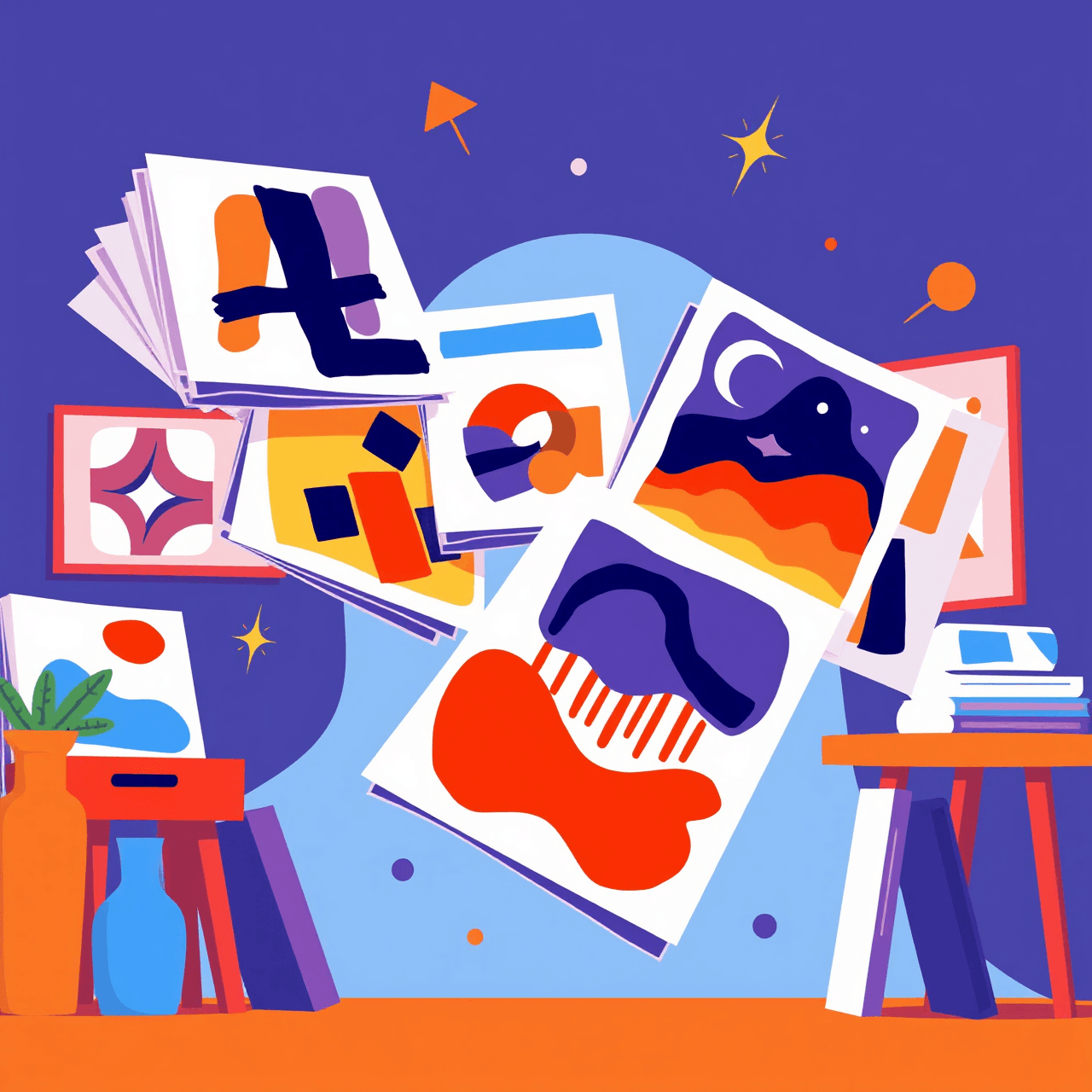 Colorful artistic representation of creative portfolio preparation process for art students