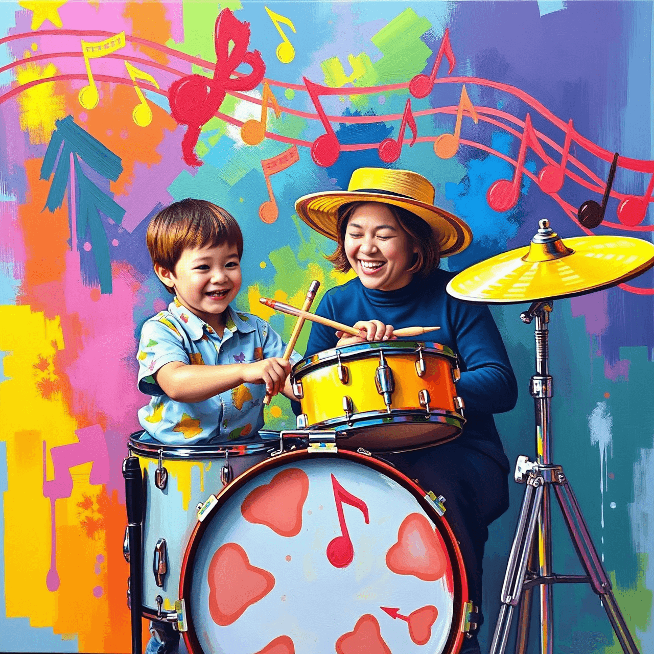 Artistic illustration of drum lessons for young students at Muzart Music School in Etobicoke