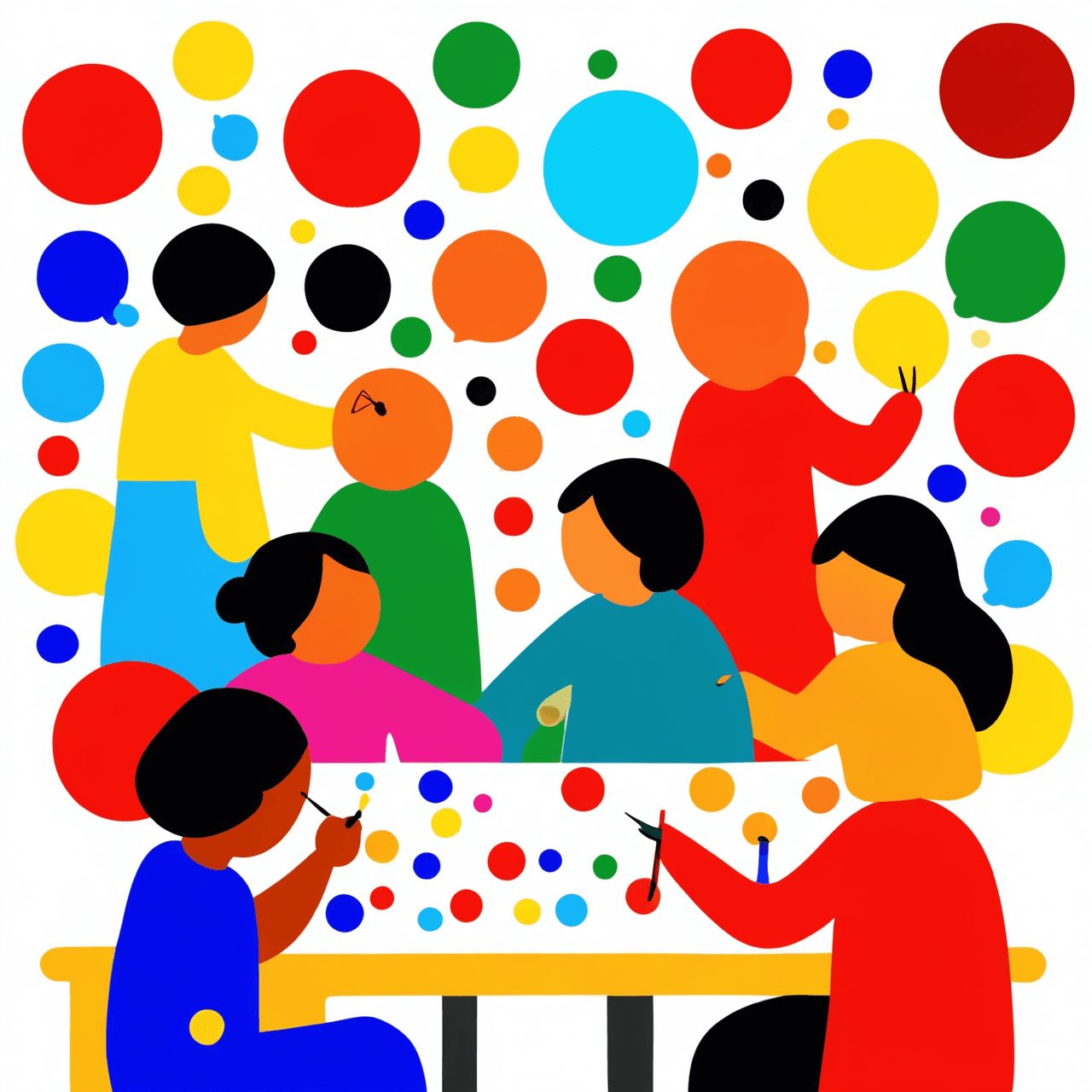 Artistic illustration of children collaborating in group art classes