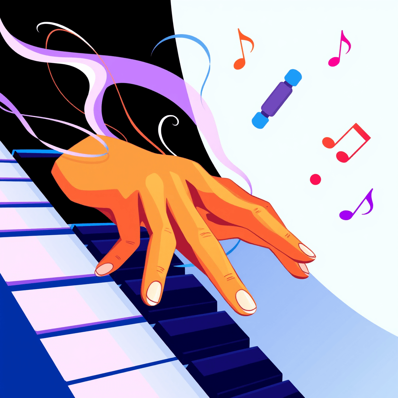 Artistic illustration of proper piano hand technique with colorful flowing musical elements