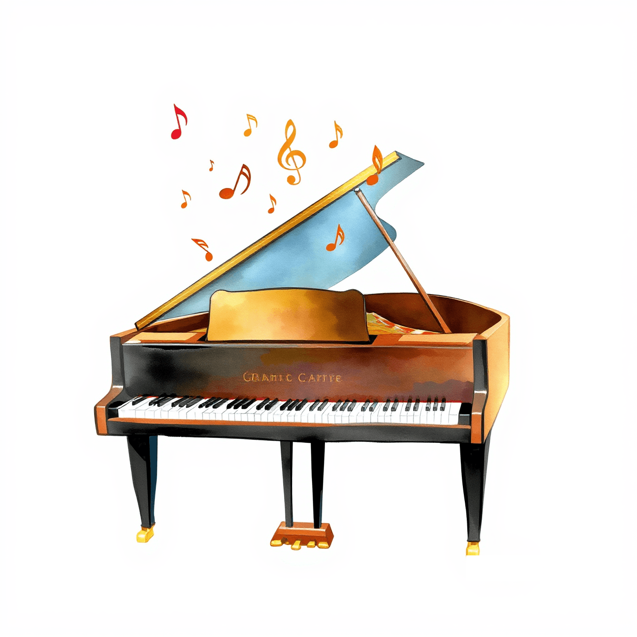 Artistic watercolor illustration of piano maintenance and care
