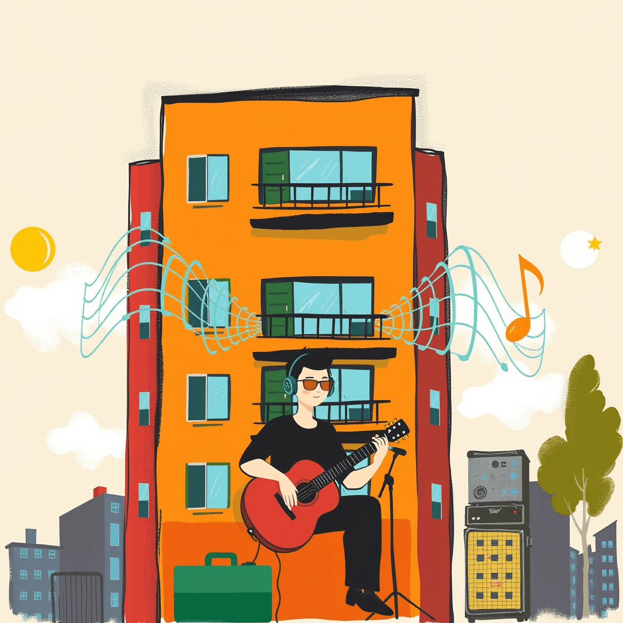 Colorful artistic representation of apartment-friendly drum practice solutions