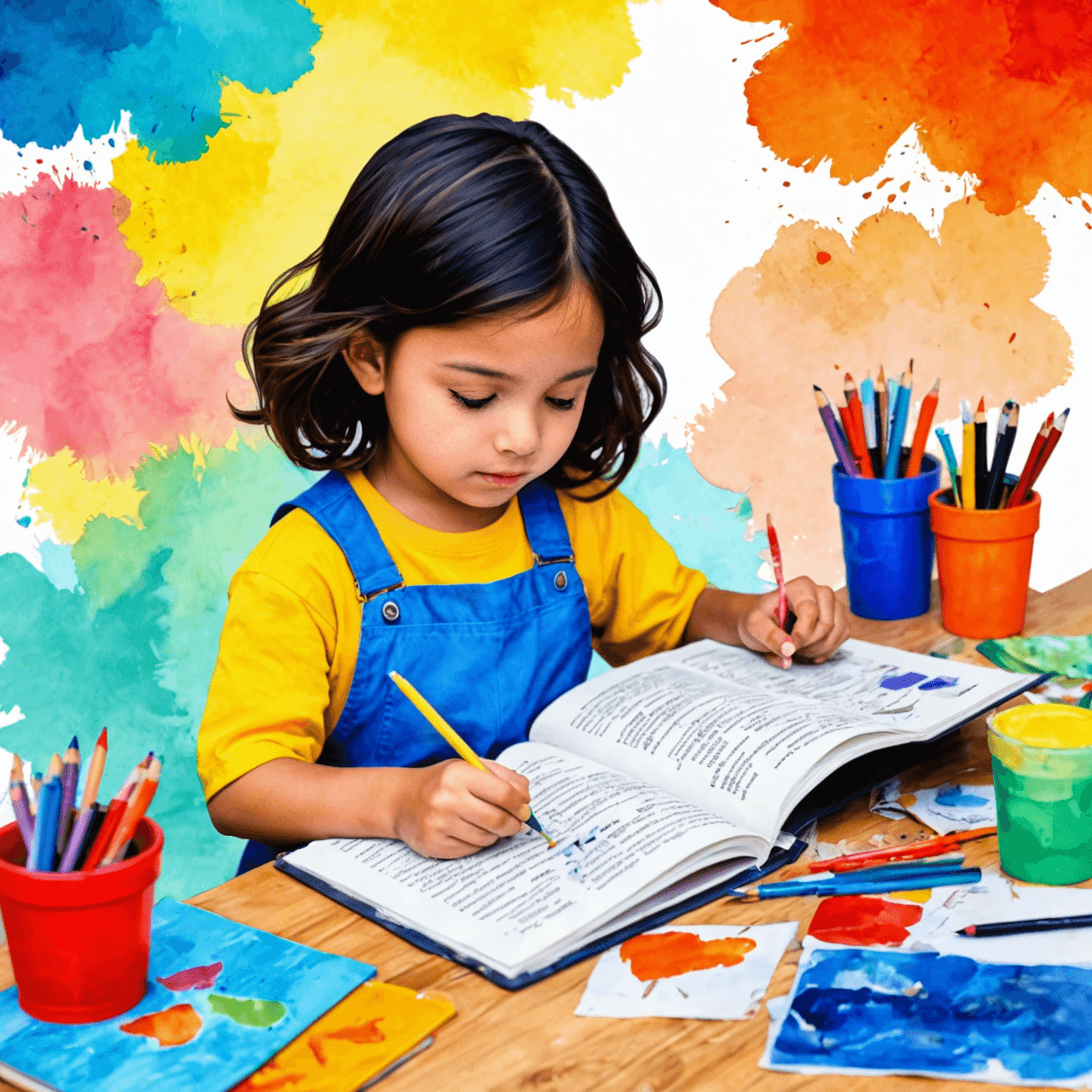 Artistic illustration of child creating in colorful art journal