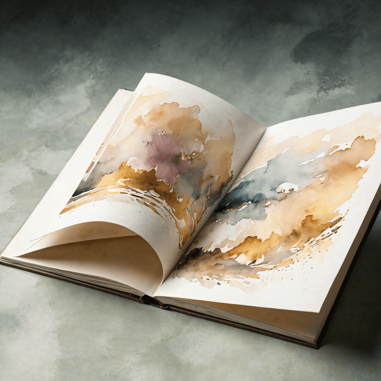 Elegant watercolor illustration of open art portfolio with floating artwork pages in soft lighting