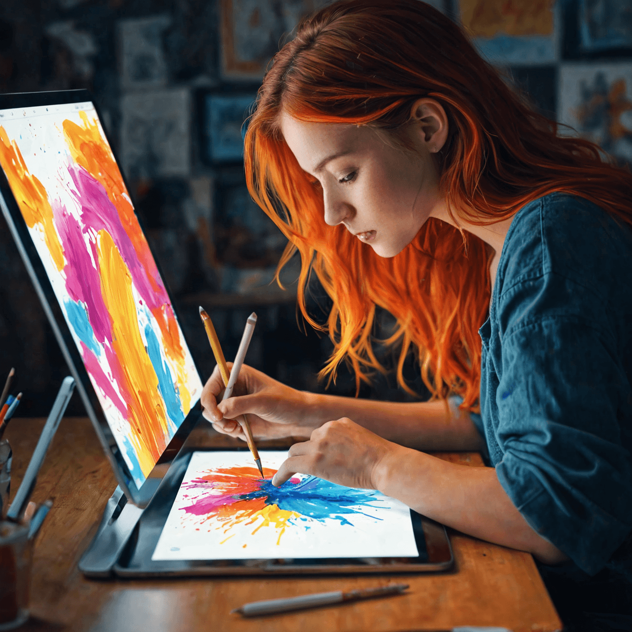 Artistic illustration of student creating digital art on iPad