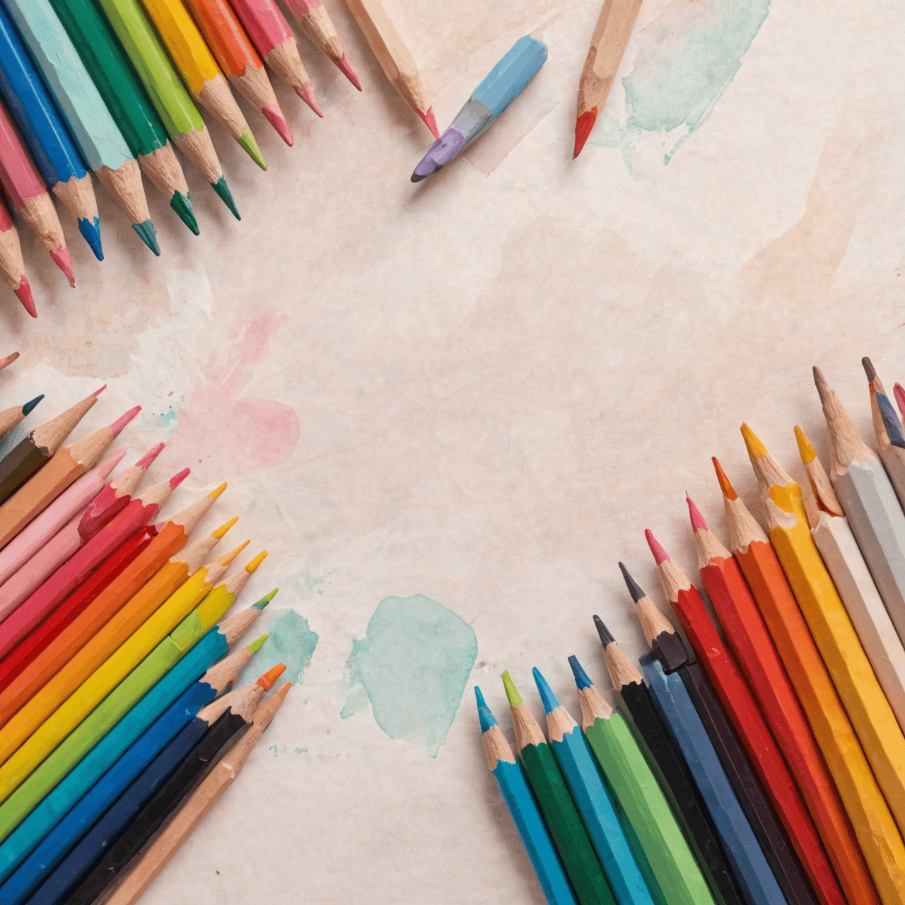 Art supplies and sketchbook with basic drawing shapes in soft watercolor illustration style