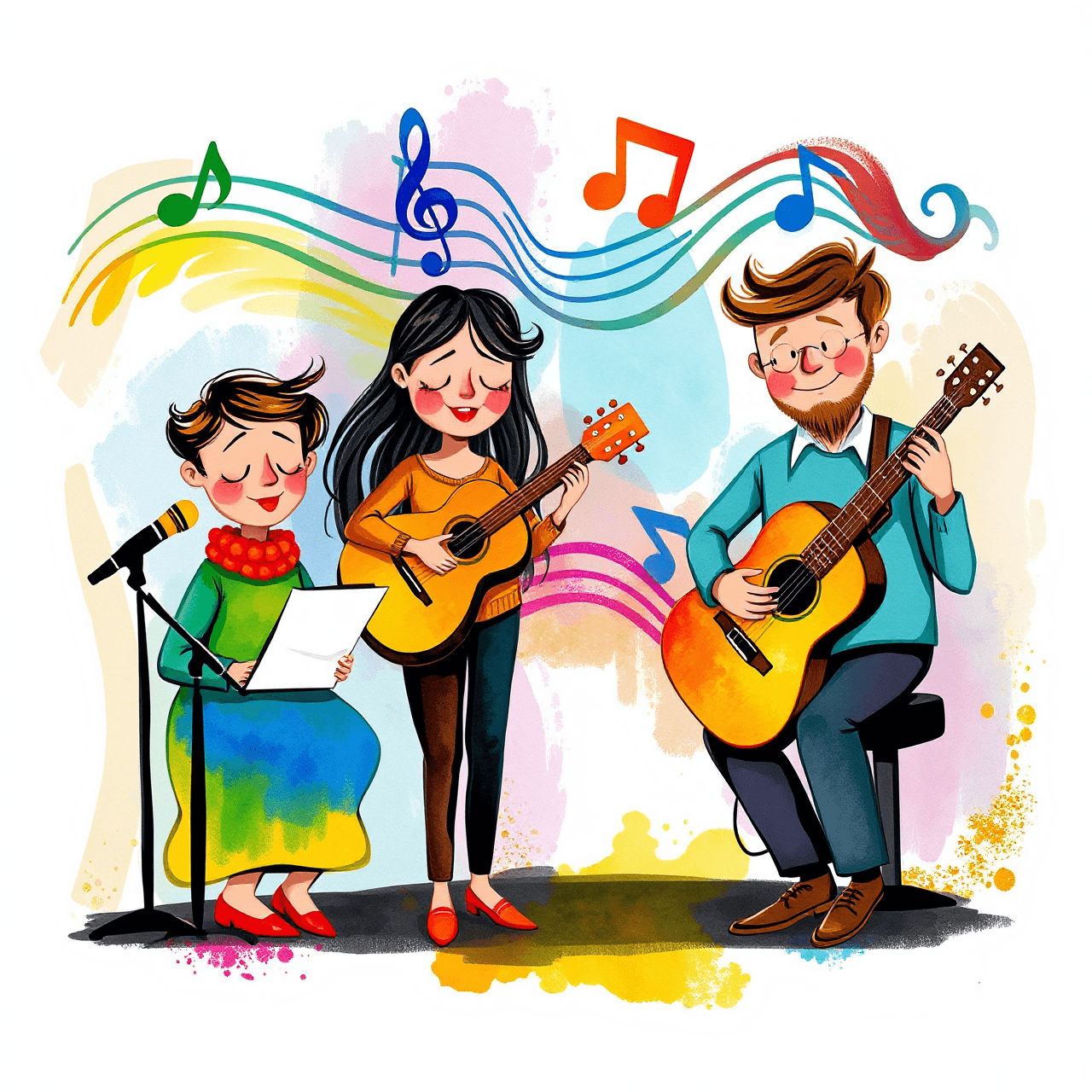 Colorful artistic representation of a family enjoying music activities together at home