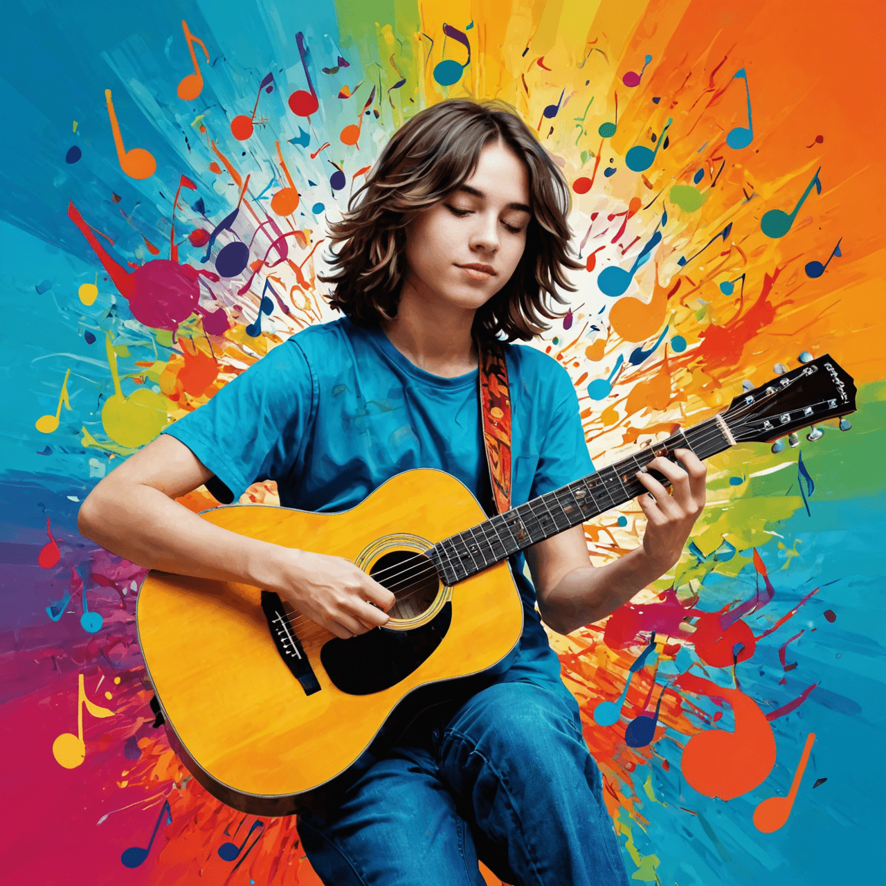 Artistic illustration of teenager playing guitar with musical notes