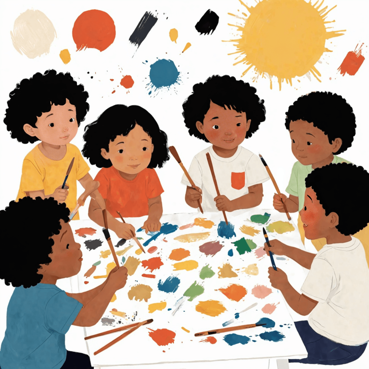 Inclusive art class illustration showing children with diverse abilities creating artwork together in a supportive environment