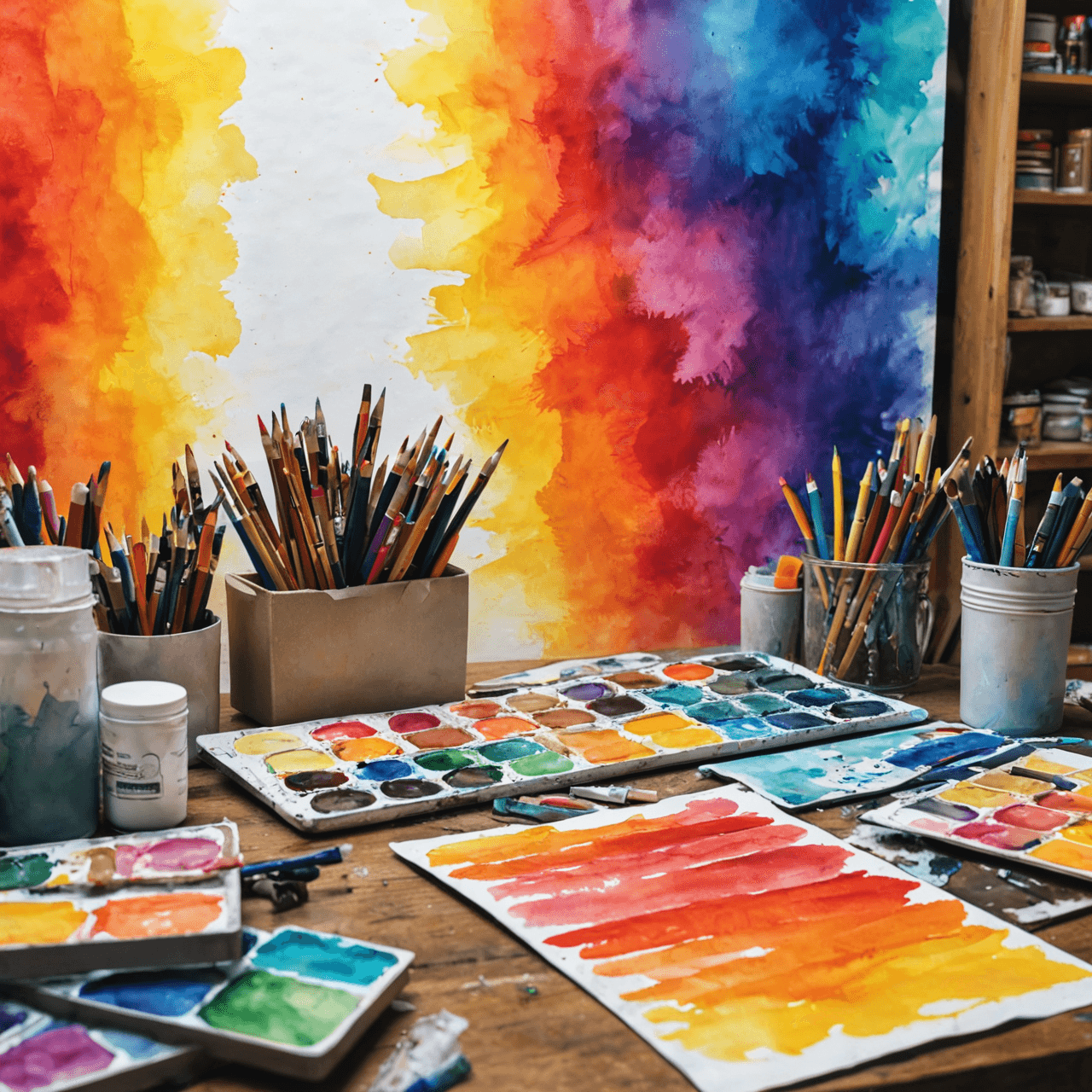 Artistic illustration of mixed media art supplies and colorful techniques