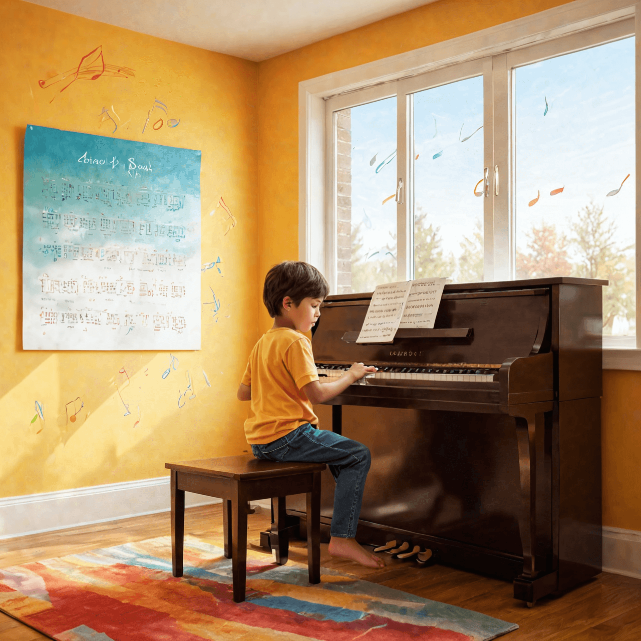 Artistic illustration of child at piano with colorful practice schedule