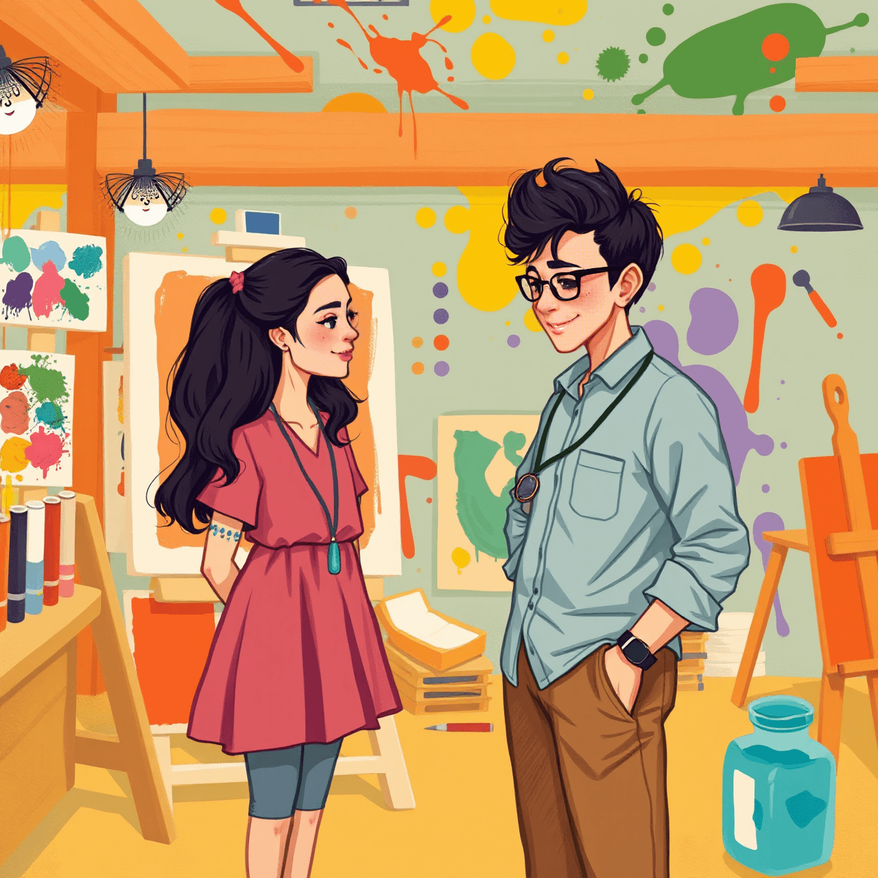 Artistic illustration of private art instruction in a colorful Etobicoke studio setting