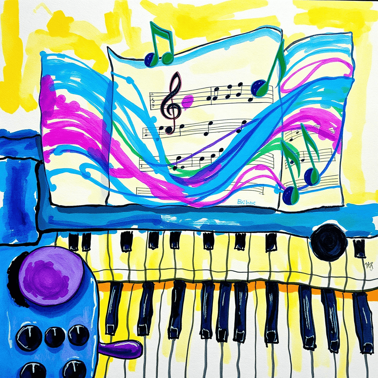 Artistic representation of RCM music examination with colorful musical elements