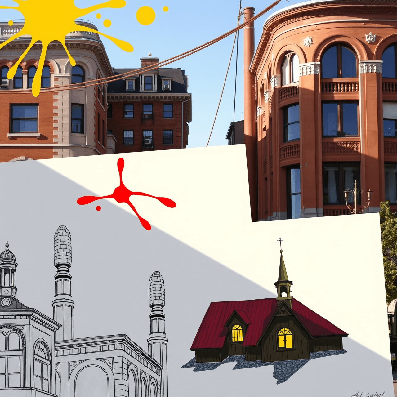 Artistic representation of art portfolio with Toronto art school architectural elements