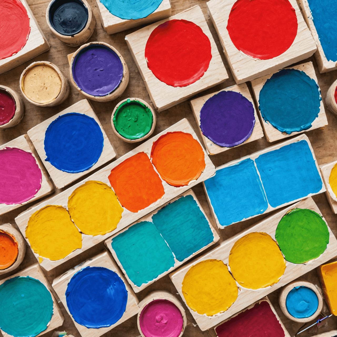 Colorful printmaking tools and art supplies for children's creative projects