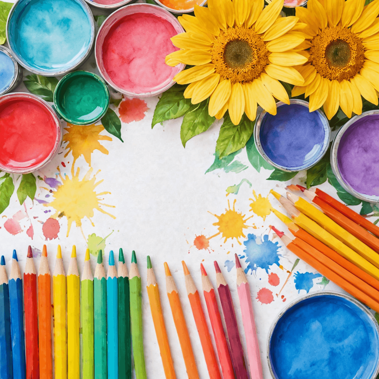Whimsical watercolor illustration of essential art supplies arranged for summer creative practice
