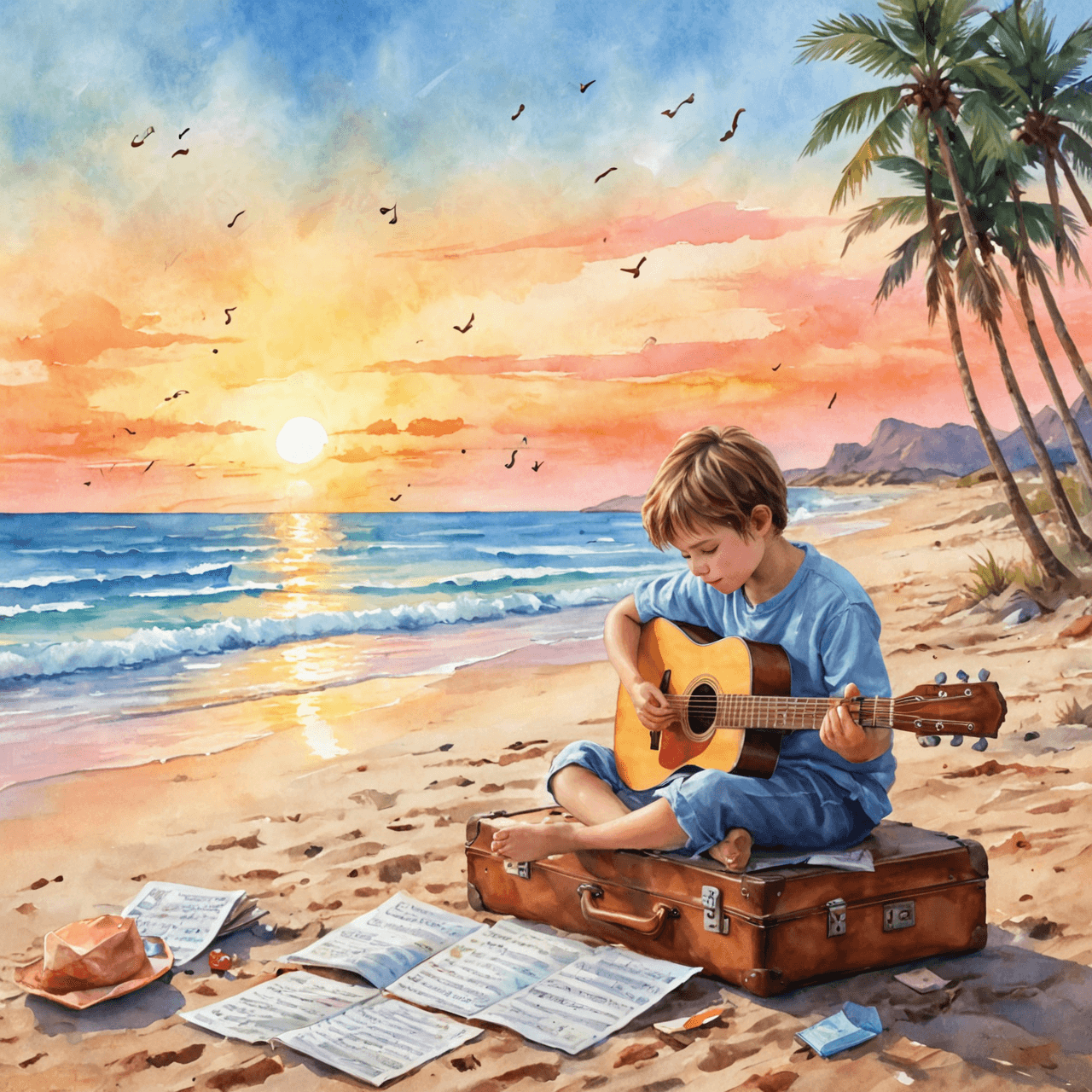 Artistic watercolor illustration of child practicing guitar during summer vacation with musical elements