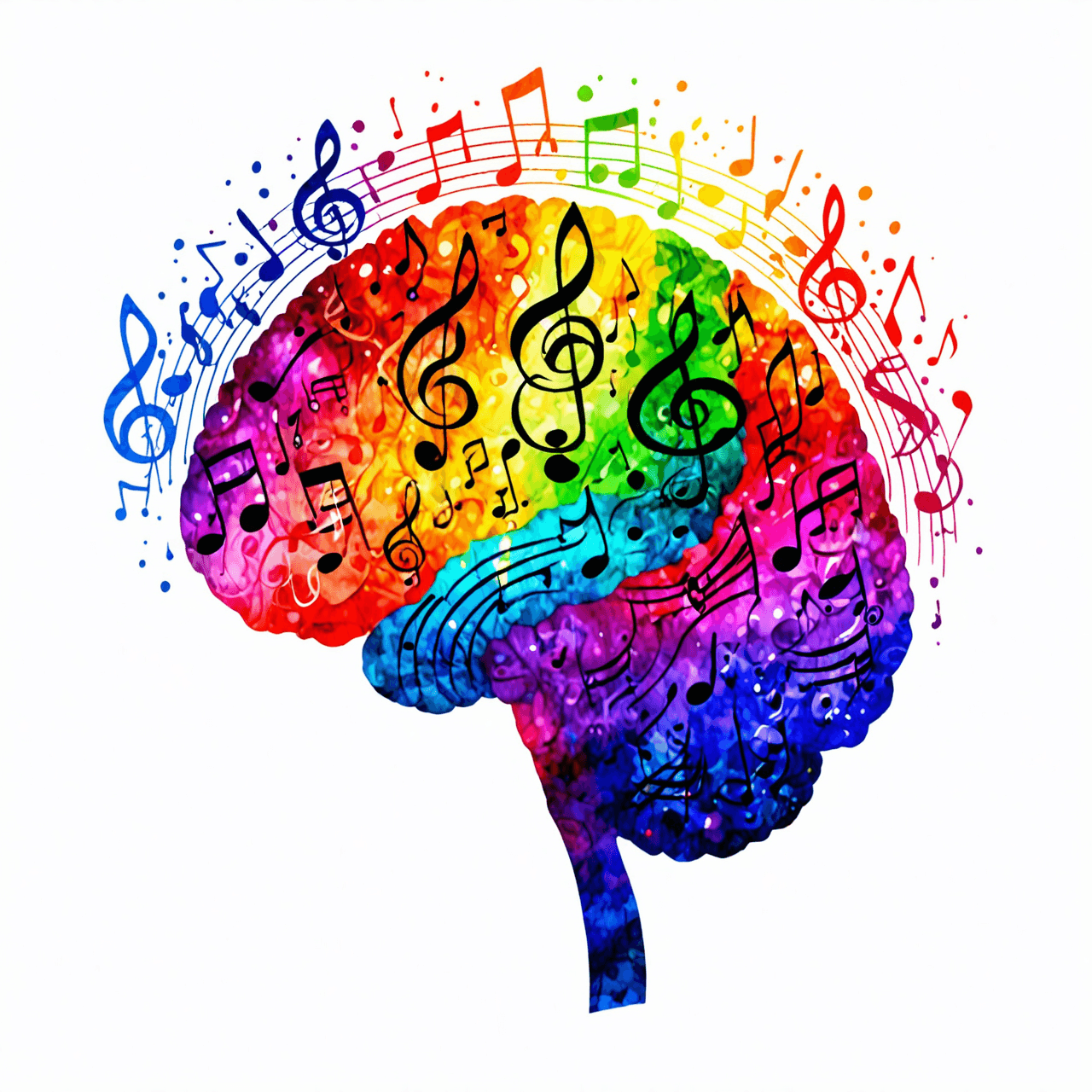 Creative watercolor illustration of brain and musical elements representing adult music learning benefits