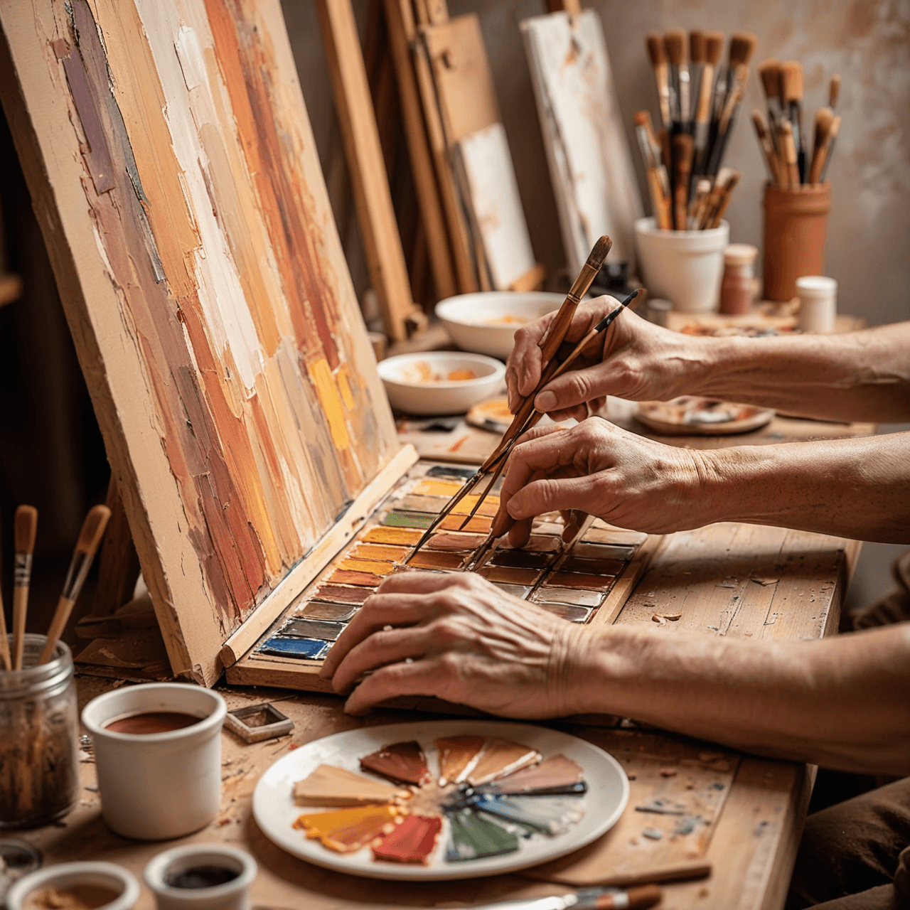 Impressionist style illustration of adult painting class scene with brushes, palette, and canvas representing creative learning for mature students