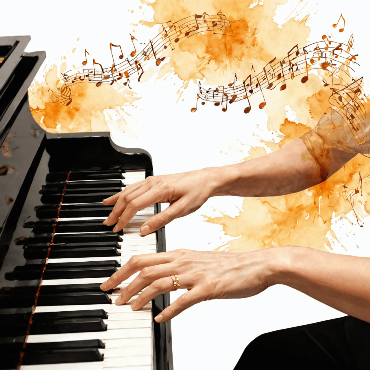 Artistic illustration of adult hands playing piano with musical notes, representing adult piano lessons in Toronto