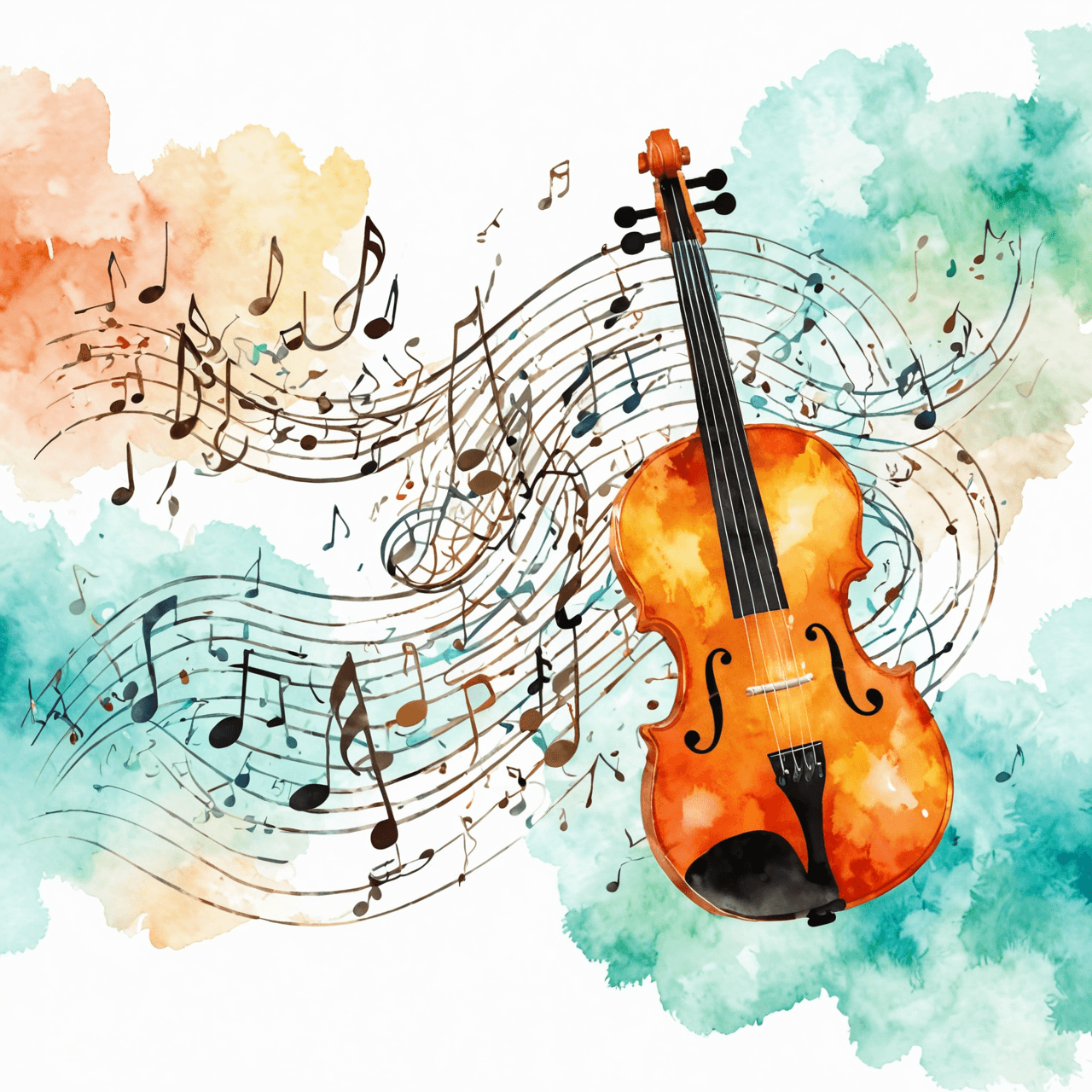 Artistic watercolor map illustration connecting musical instruments, representing music lesson locations in Mississauga and Etobicoke