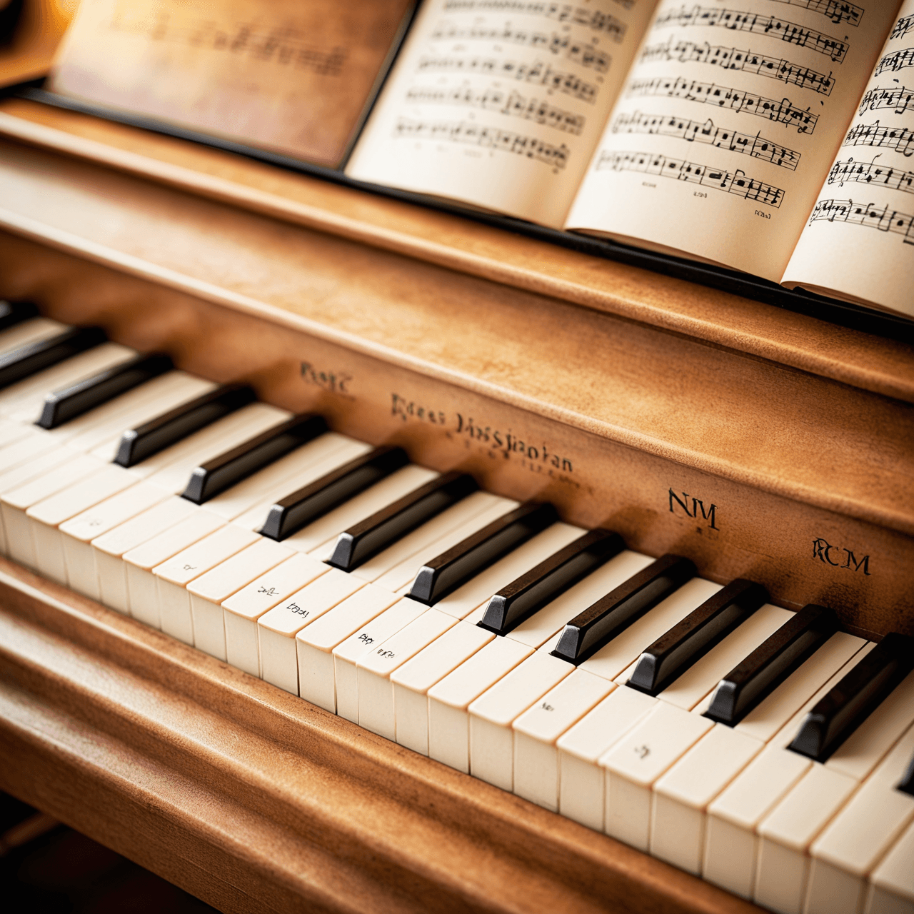 Elegant piano keys with sheet music and RCM examination materials arranged artistically with warm lighting
