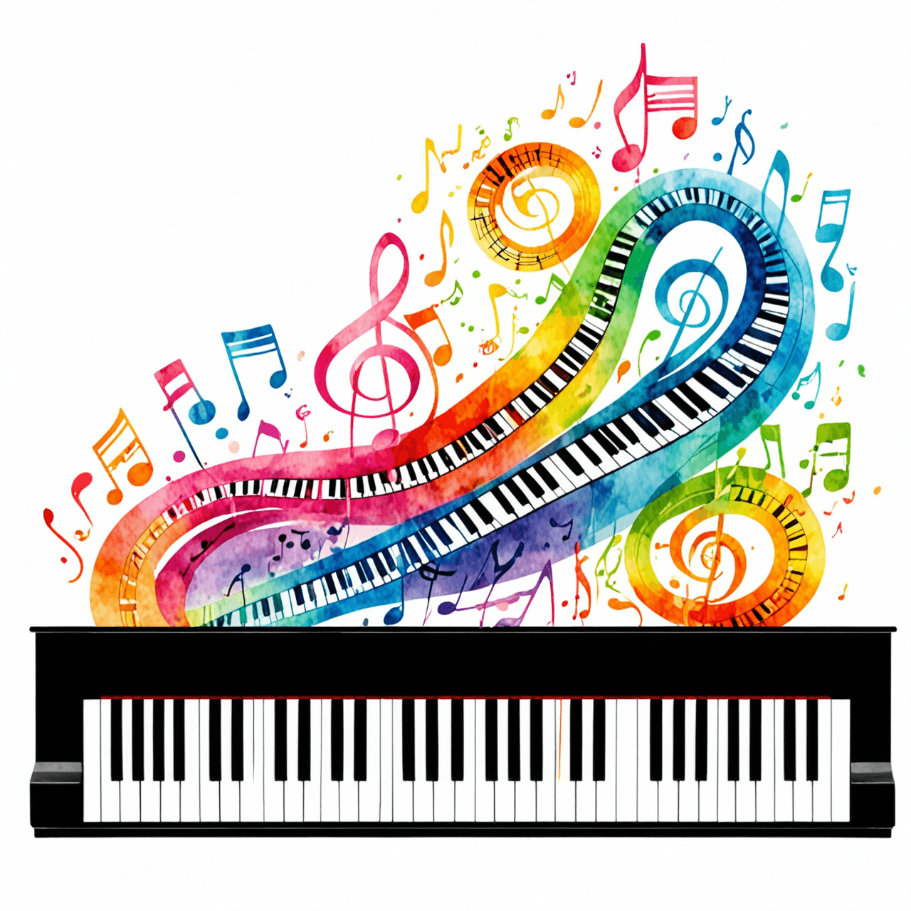 Artistic watercolor illustration of piano keys and musical notes representing RCM exam success strategies