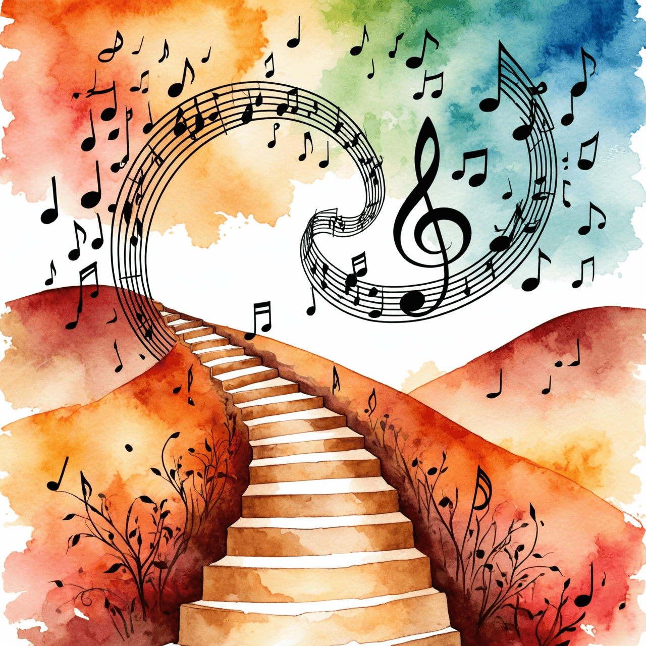 Artistic watercolor illustration representing musical learning journey with floating notes and inspirational practice elements