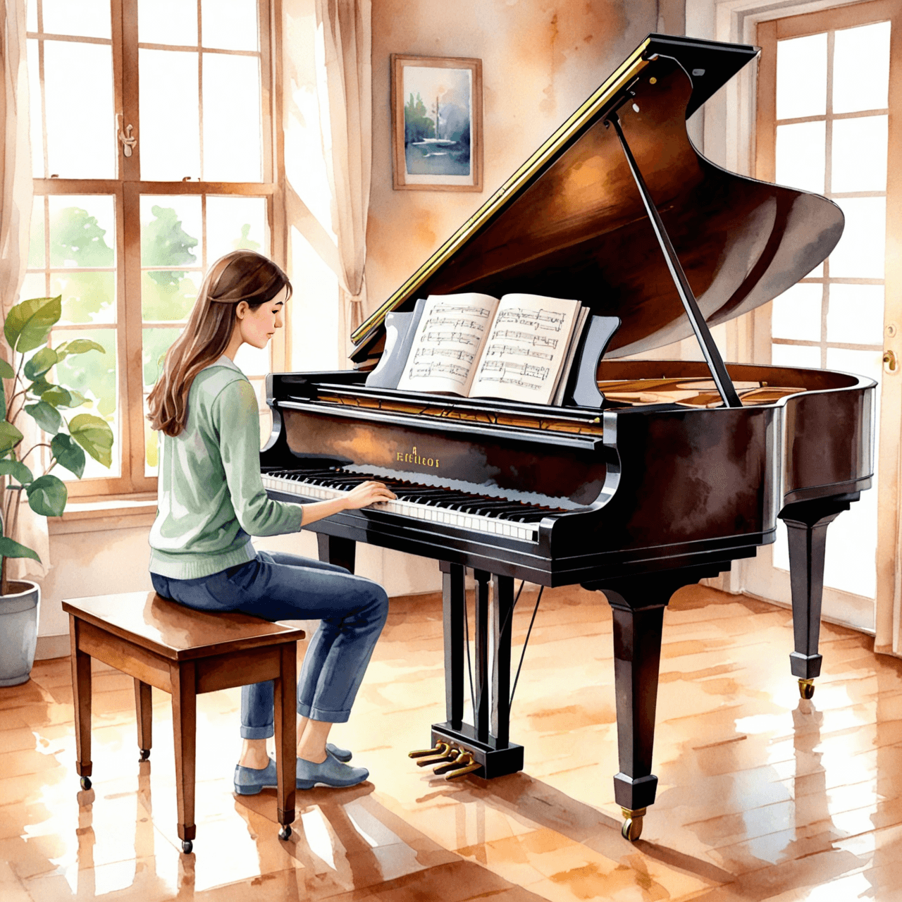 Artistic watercolor illustration of adult piano lesson with teacher and student in comfortable learning environment