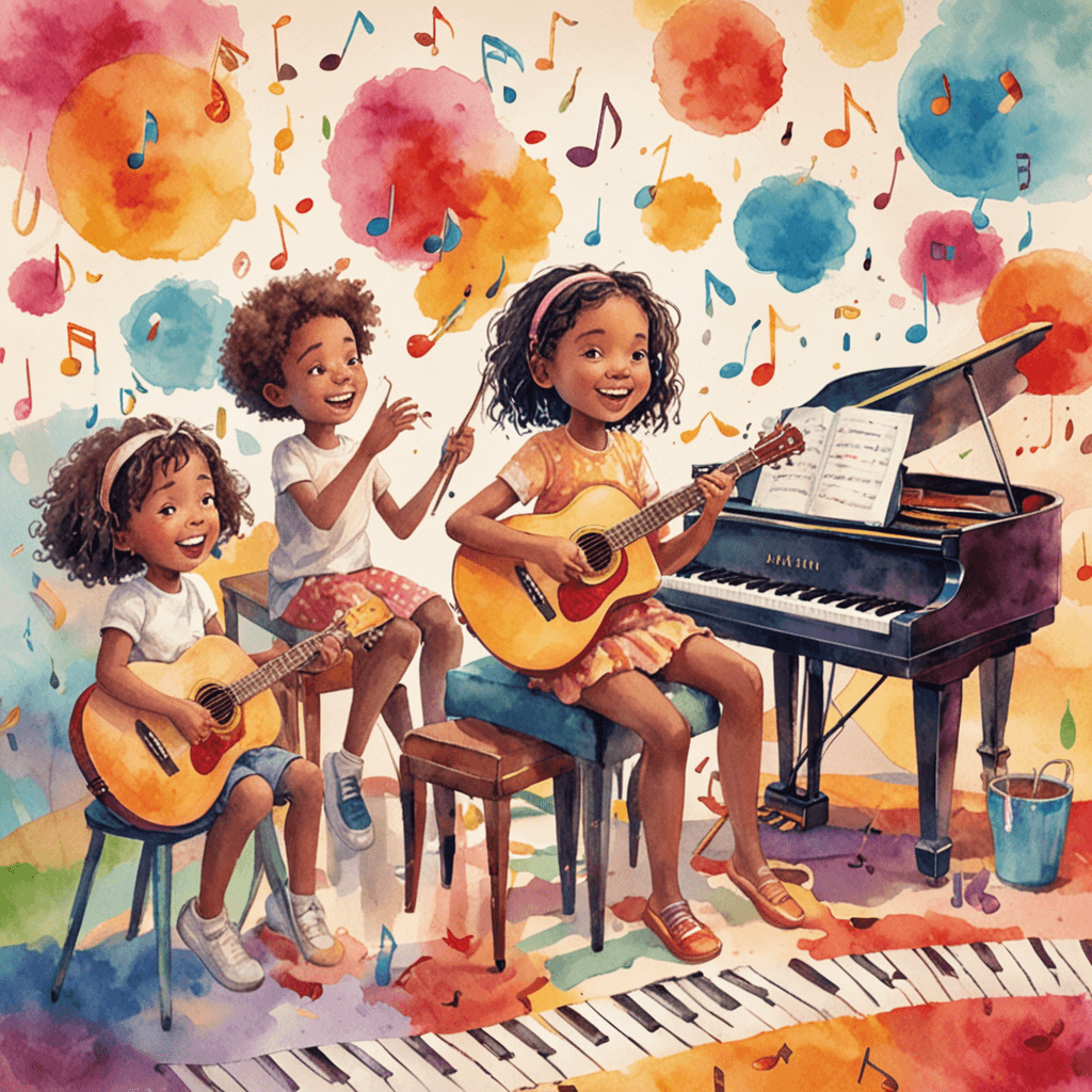 Children learning music lessons playing piano guitar and drums in colorful studio