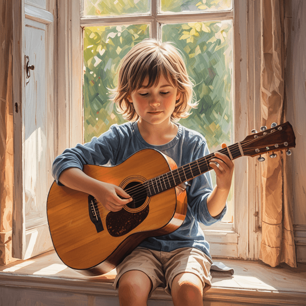 Young child learning guitar lessons with proper hand position and technique