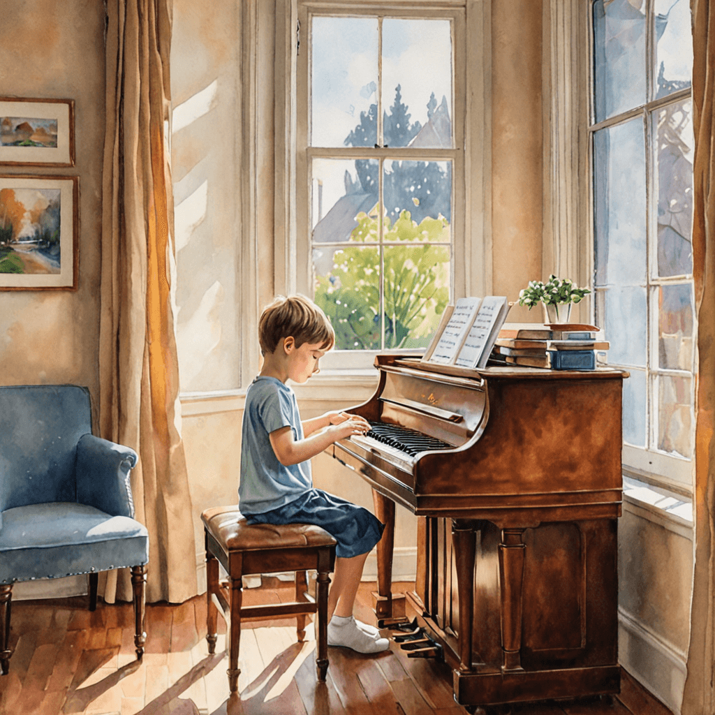 Watercolor illustration of child in focused piano practice routine at home
