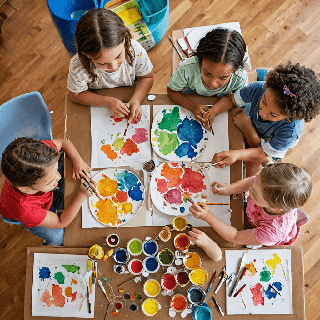 Group of children creating colorful art projects together at Muzart Music and Art School in Etobicoke, working with paints and art materials in bright studio setting