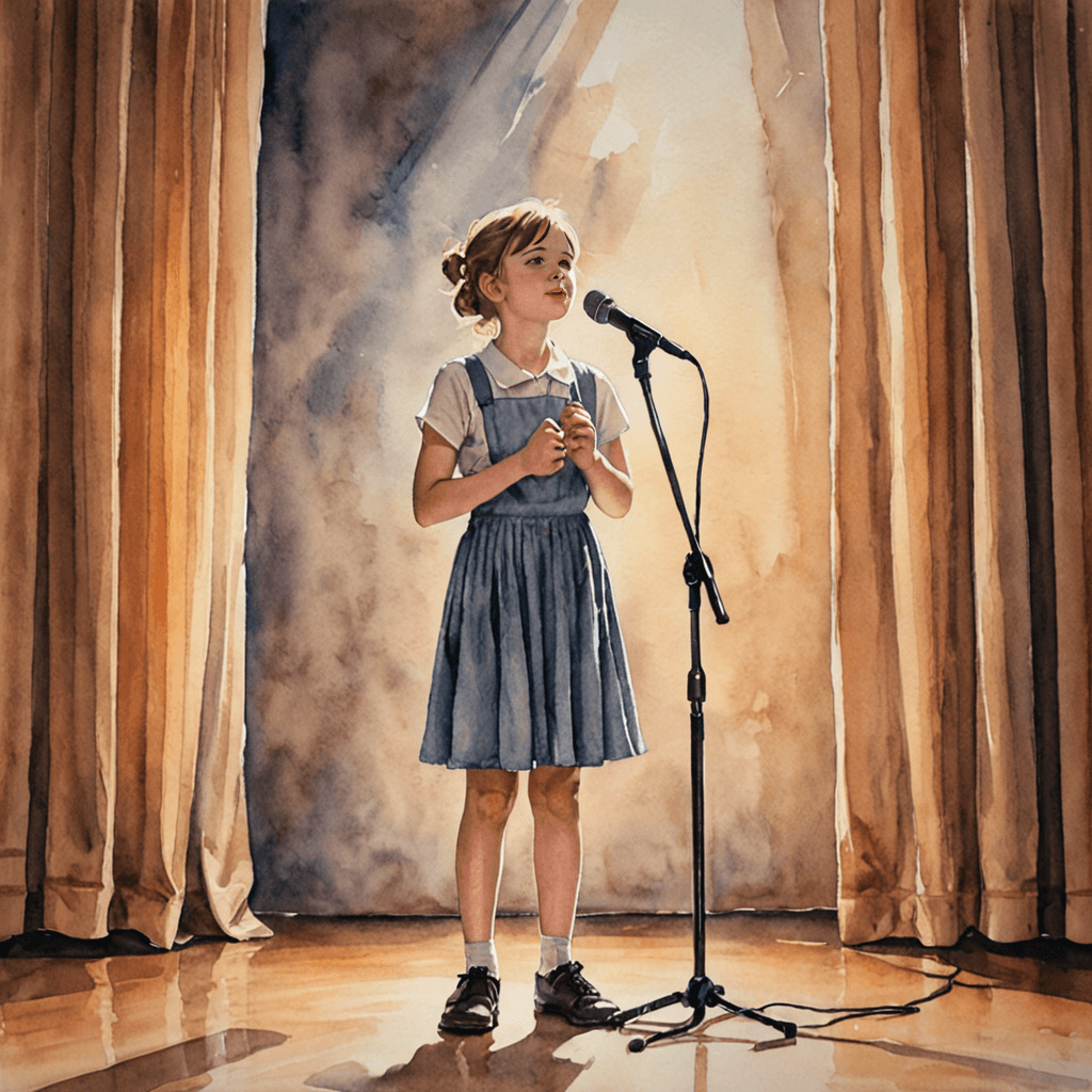 Young singer performing confidently on stage with microphone, demonstrating proper stage presence and vocal technique