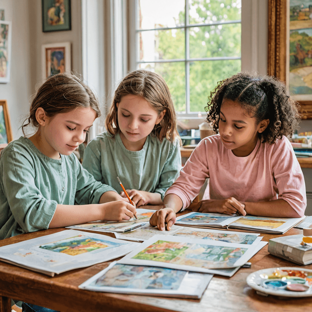 Children studying famous artwork reproduction during art history lesson in Etobicoke, engaging with masters' techniques and learning visual literacy