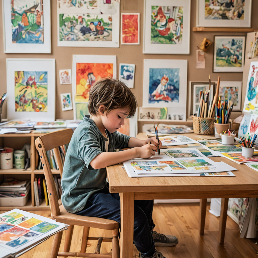 Child creating a sequential comic art story in Etobicoke art class with colourful panels