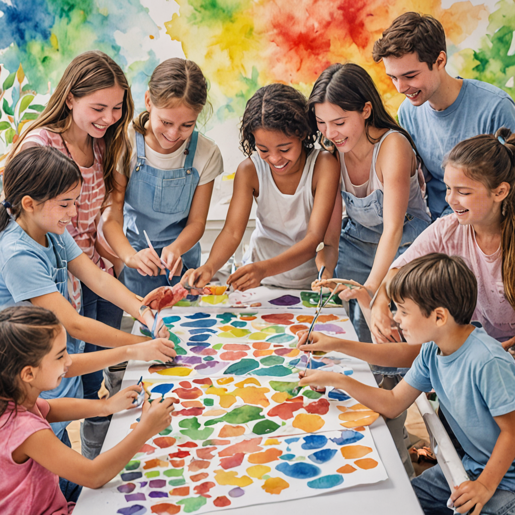 Children working together on collaborative art project in group class setting
