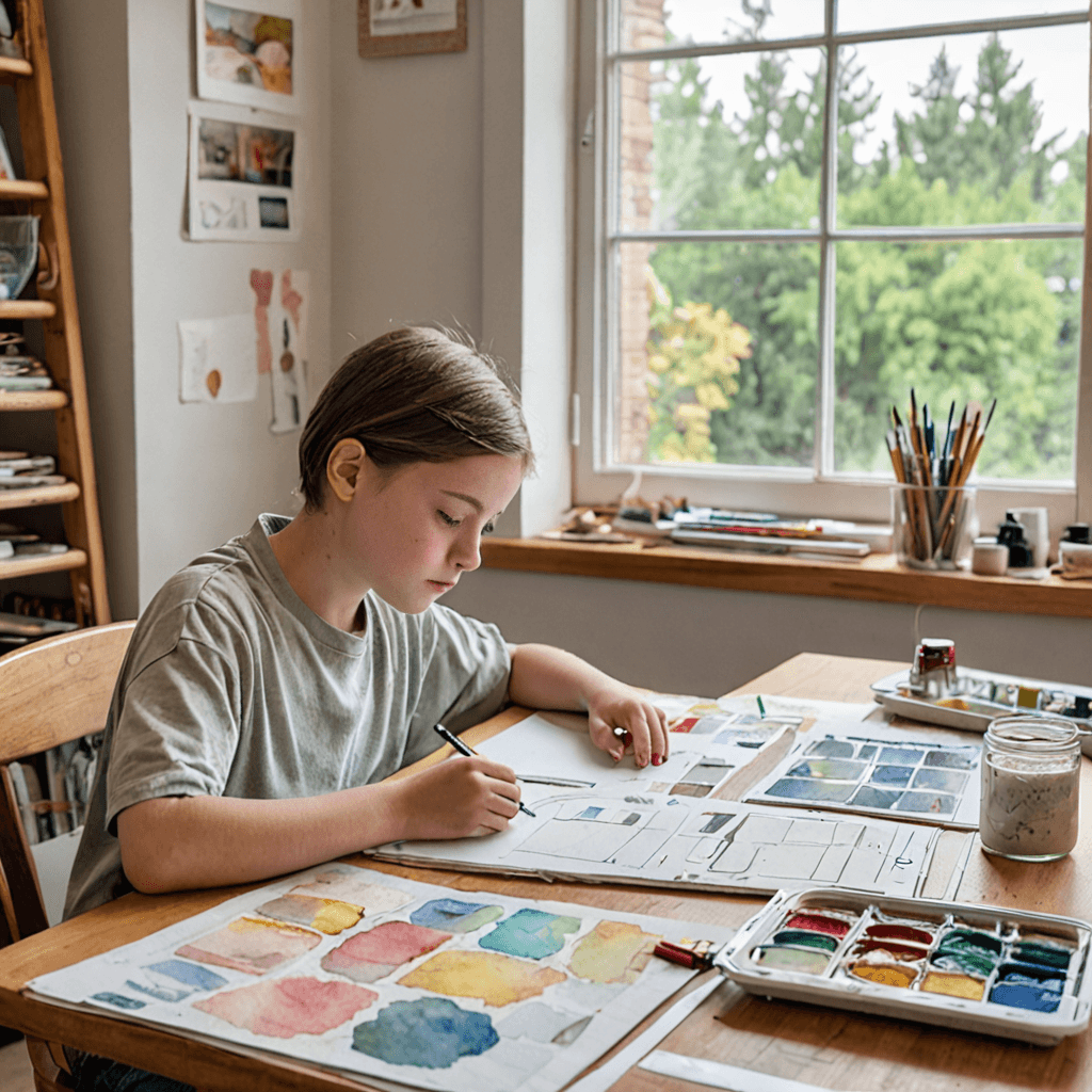 Young artist learning composition and design principles at art class in Etobicoke, arranging elements and studying visual balance