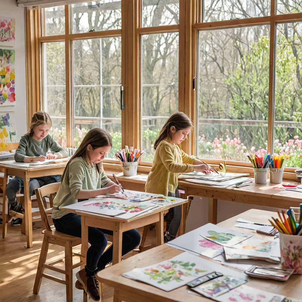 Young artist painting in spring-themed art class at Muzart studio in Etobicoke Toronto