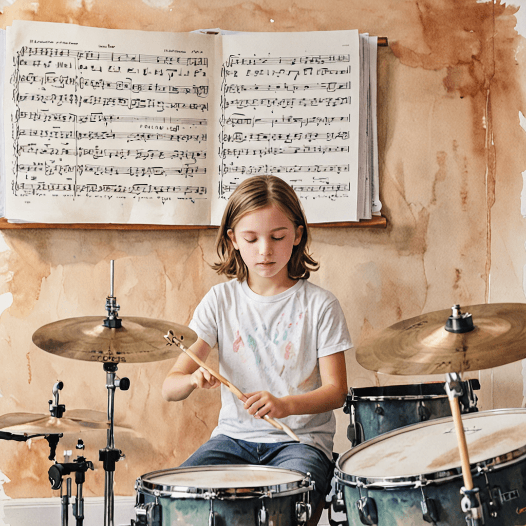 Young drummer reading drum notation at music stand during lesson in Etobicoke, learning rhythm patterns and musical literacy
