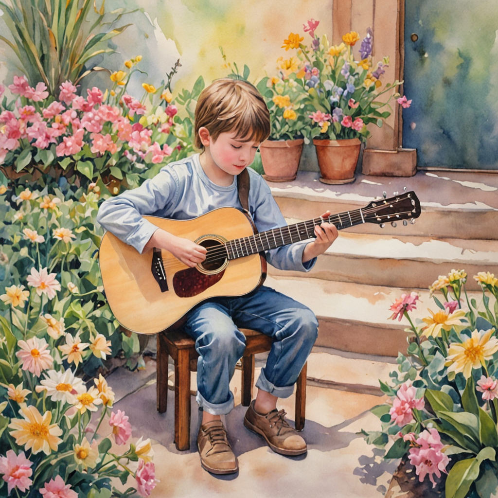 Young guitarist performing confidently at spring recital with supportive audience
